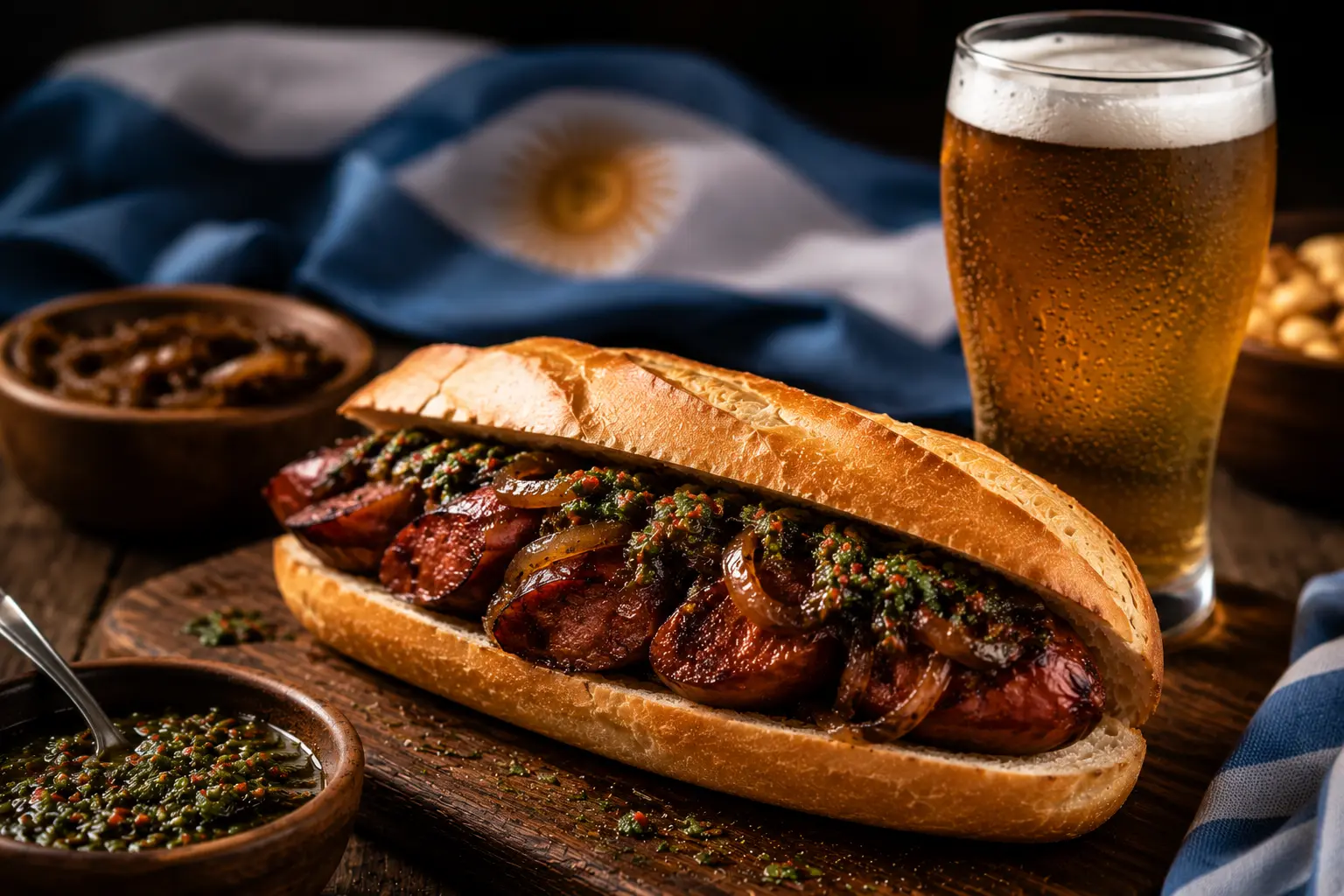 Choripán gourmet con chimichurri y cebolla caramelizada